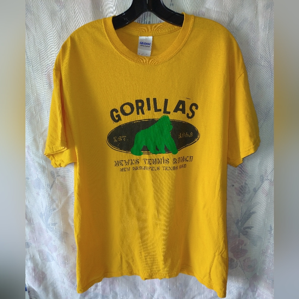 Newks Tennis Ranch Gorillas printed on a yellow Gildan t shirt size large